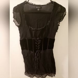 Bebe short sleeve black top w/ lace up corset style accent Size Small